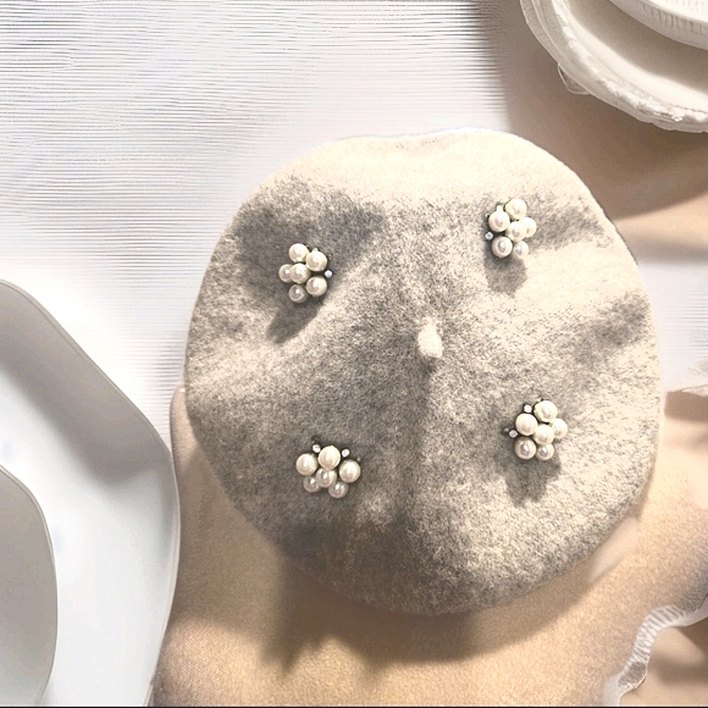 Wool Chic Gray Beret with Pearl  & Rhinestone Accents